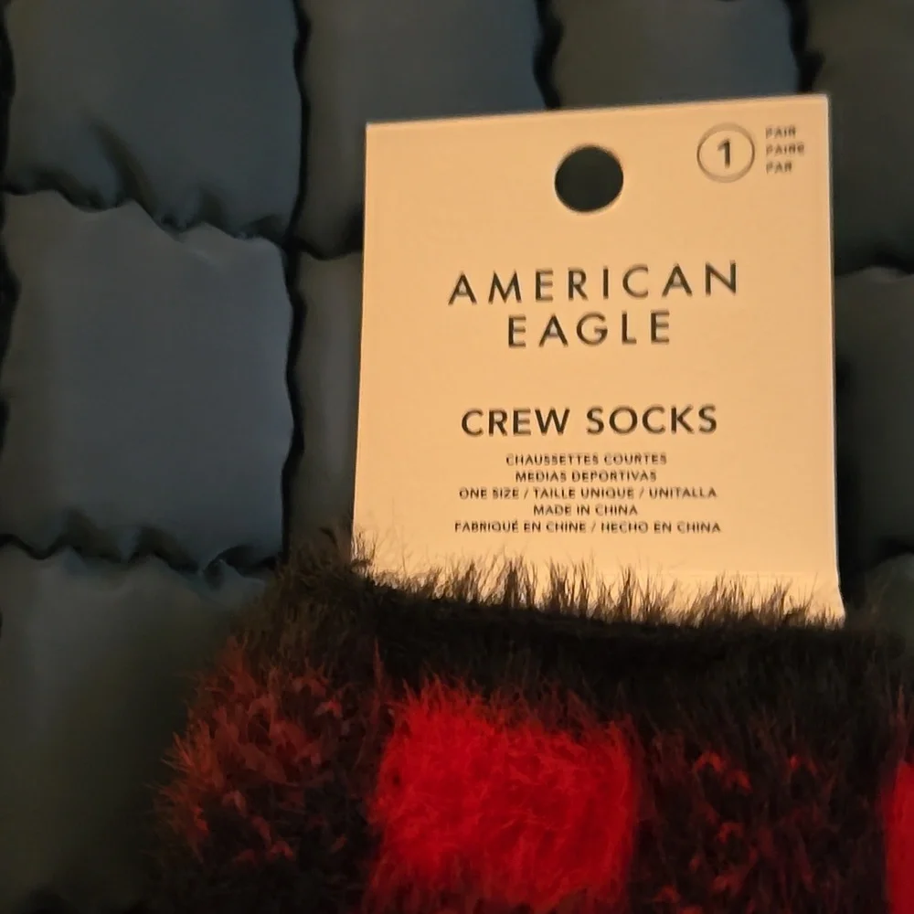 NWT American Eagle Red and Black Plaid Fuzzy Crew Socks One Pair One Size